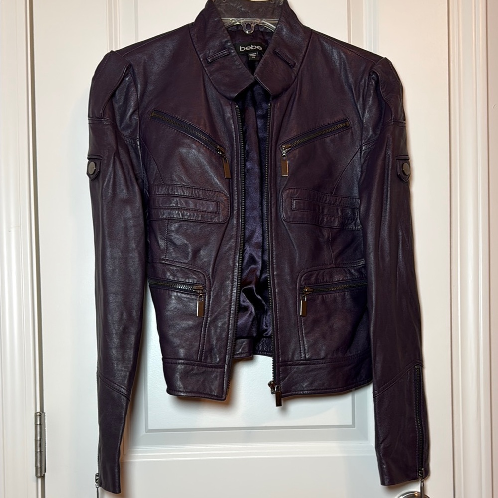 Bebe Purple Leather Jacket with Fitted Style and Zipper Closure 100% Leather